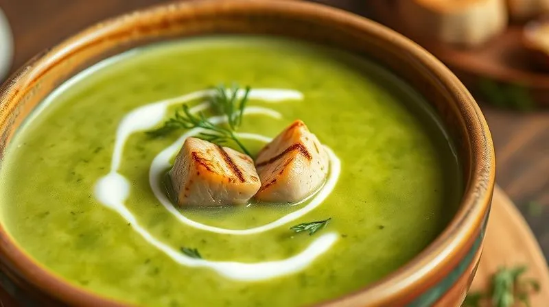 Photorealistic close-up of a vibrant green broccoli cream soup in a rustic ceramic bowl, garnished with perfectly grilled chicken breast cubes, a swirl of Greek yogurt, and fresh dill. The background is softly blurred with warm, cinematic lighting, emphasizing healthy, hearty food. 8K, sharp focus, depth of field, professional photography.