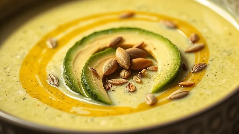 A close-up, photorealistic shot of a creamy broccoli soup, artfully garnished with thin slices of ripe avocado, a drizzle of high-quality extra virgin olive oil, and a sprinkle of toasted pumpkin seeds. The scene is bathed in soft, natural light, highlighting the freshness and rich texture. 8K, cinematic lighting, sharp focus on the garnishes, professional food photography.