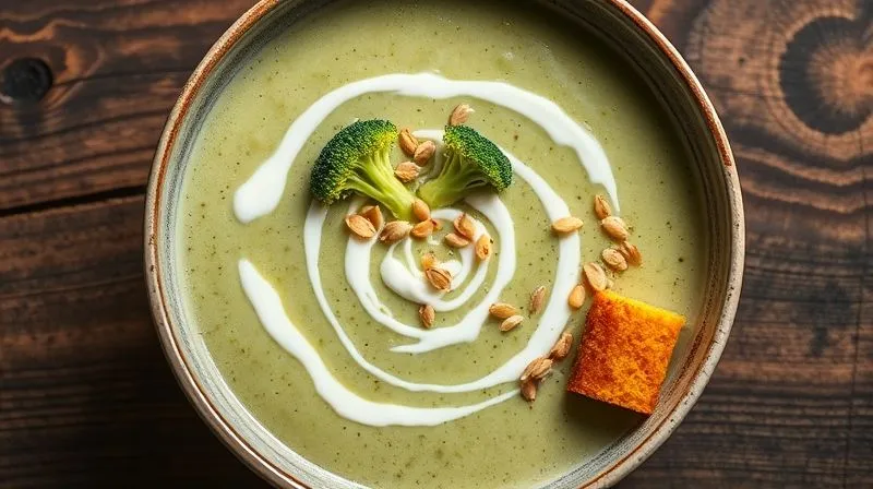 A vibrant, photorealistic overhead shot of a broccoli cream soup, artfully presented with contrasting textures: a swirl of thick Greek yogurt, golden-brown whole-grain croutons, and a sprinkle of toasted pumpkin seeds. The bowl is on a rustic wooden table with soft, natural lighting. 8K, sharp focus on the textures, depth of field, professional food styling photography.