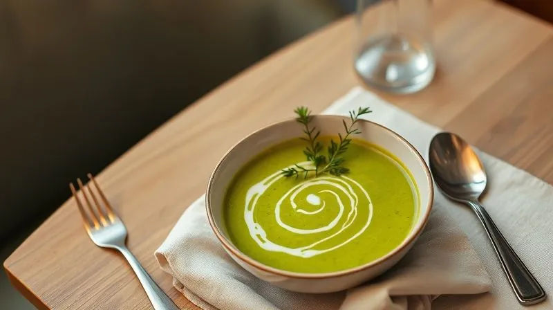 A beautifully arranged dining table with a single bowl of vibrant green broccoli cream soup, elegantly garnished with fresh herbs and a swirl of light cream, set with a linen napkin, fork, and spoon. The focus is on mindful eating, with soft, ambient lighting and a cozy, inviting atmosphere. 8K, photorealistic, depth of field, professional food photography.