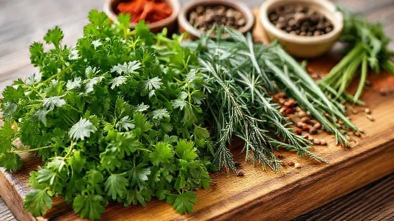 Photorealistic, professional photography of a vibrant array of fresh herbs – parsley, cilantro, basil, rosemary, thyme – artfully arranged on a rustic wooden cutting board, with small bowls of various dried spices in the background. Cinematic lighting, sharp focus on the fresh herbs, depth of field. 8K hyper-detailed, shot on a high-end DSLR.