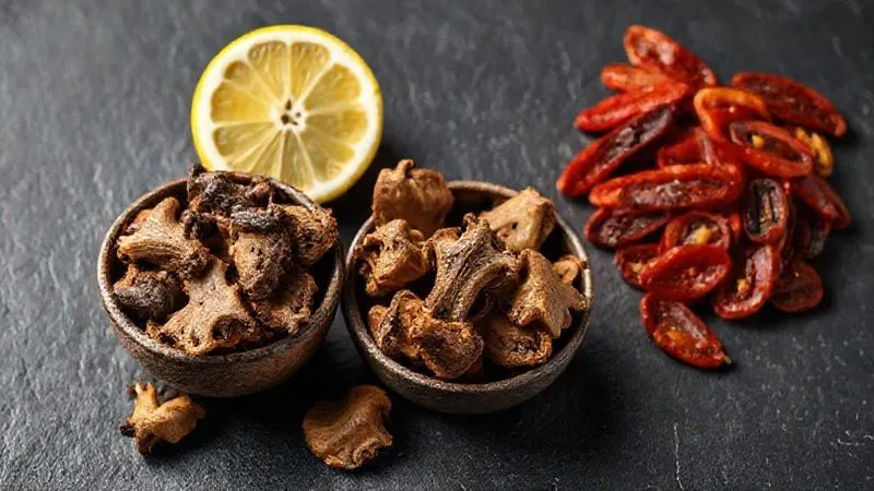 Photorealistic, professional photography of a small bowl of dried shiitake mushrooms next to a halved fresh lemon and a handful of sun-dried tomatoes (without oil), all arranged on a dark, textured surface. Cinematic lighting, sharp focus on the ingredients, depth of field. 8K hyper-detailed, shot on a high-end DSLR, evoking natural umami and freshness.
