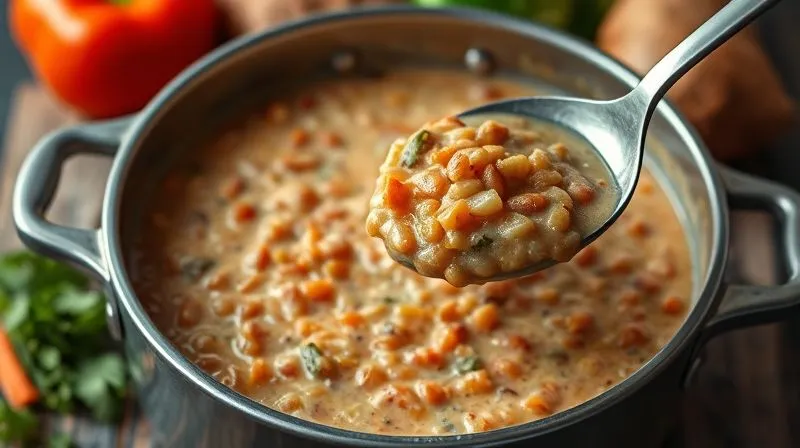 Photorealistic, professional photography, 8K, cinematic lighting, sharp focus, depth of field, shot on a high-end DSLR. A rich, steaming pot of thick, creamy vegan soup base made from red lentils and finely diced vegetables, with a ladle scooping some into a bowl. The texture is hearty and inviting, emphasizing its protein content. A blurred background of fresh vegetables.