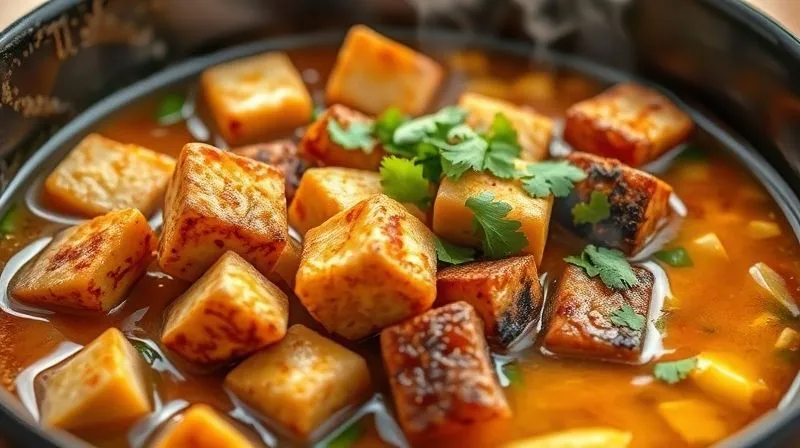 Photorealistic, professional photography, 8K, cinematic lighting, sharp focus, depth of field, shot on a high-end DSLR. Cubes of perfectly pan-fried, golden-brown tofu and slices of crispy tempeh scattered over a bowl of vibrant vegan vegetable soup, garnished with fresh cilantro. The steam rises gently, and the textures are clearly visible, conveying deliciousness and protein richness.