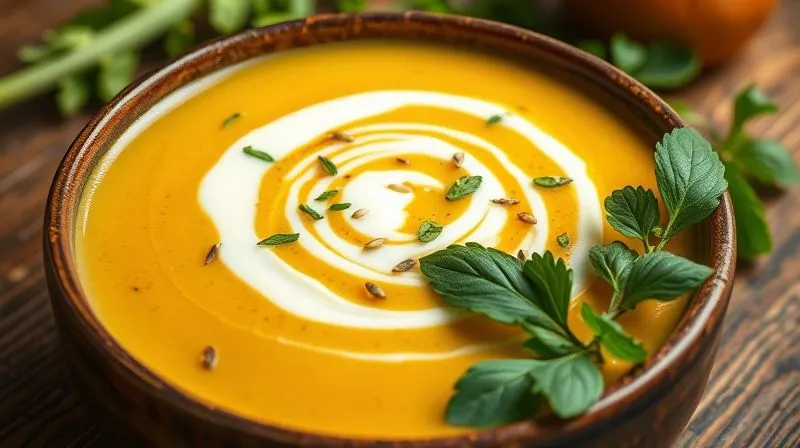 Photorealistic, professional photography, 8K, cinematic lighting, sharp focus, depth of field, shot on a high-end DSLR. A vibrant, creamy vegan vegetable soup in a rustic ceramic bowl, with a swirl of light-colored vegan yogurt or cashew cream on top, garnished with fresh herbs and a sprinkle of toasted sesame seeds. The image conveys culinary creativity, health, and gourmet appeal.