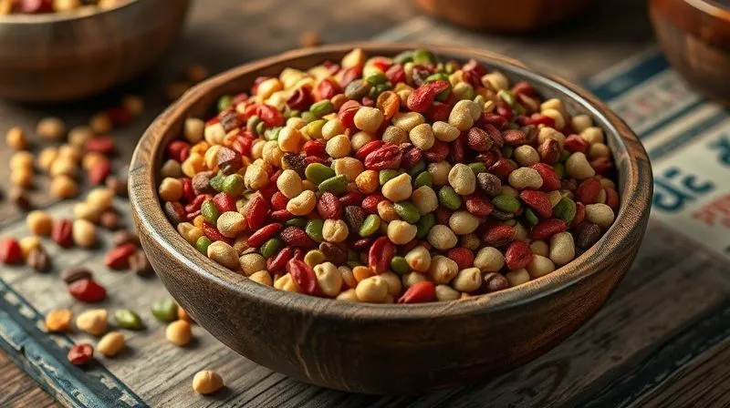 photorealistic, professional photography, 8K, cinematic lighting, sharp focus, depth of field, shot on a high-end DSLR. A rustic wooden bowl filled with a colorful mix of dried lentils (red, green, brown) and chickpeas, arranged artfully on a vintage kitchen table. The lighting highlights their natural textures and colors, evoking a sense of wholesome, natural nutrition.