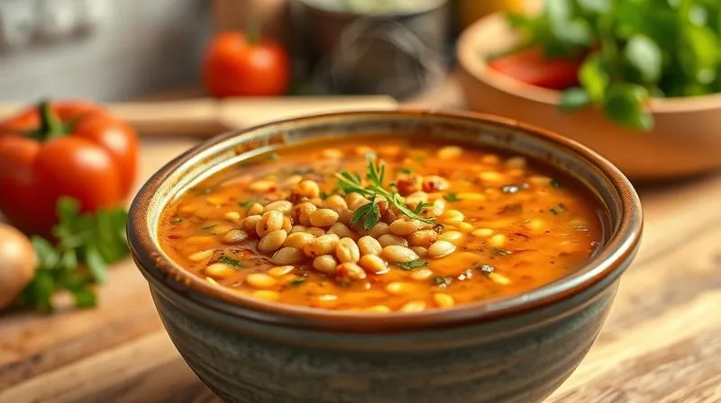 photorealistic, professional photography, 8K, cinematic lighting, sharp focus, depth of field, shot on a high-end DSLR. A vibrant, rustic vegan vegetable soup in a ceramic bowl, with clearly visible whole lentils and chickpeas, garnished with fresh herbs. Steam rises gently from the hot soup, creating a comforting atmosphere. The background is a softly blurred kitchen counter with fresh vegetables.