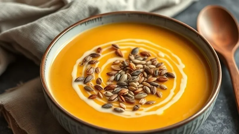 photorealistic, professional photography, 8K, cinematic lighting, sharp focus, depth of field, shot on a high-end DSLR. A beautifully presented bowl of creamy vegan vegetable soup, with a generous topping of mixed roasted seeds (pumpkin, sunflower, hemp) and a drizzle of tahini. The steam is visible, and the focus is on the intricate textures of the seeds and the smooth soup. A rustic linen napkin and a wooden spoon are subtly in the background.
