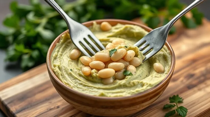 A close-up, photorealistic image of a creamy avocado spread being mixed with a fork, revealing chunks of white cannellini beans within. The bowl is on a wooden cutting board, with a blurred background of fresh herbs. Professional photography, 8K, cinematic lighting, sharp focus on the texture, depth of field, shot on a high-end DSLR, highlighting healthy ingredients and a homemade feel.
