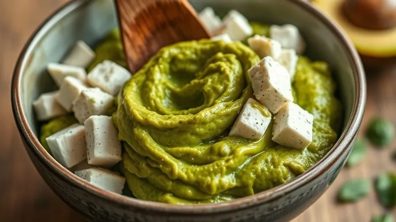A close-up, photorealistic image of crumbled firm tofu being gently mixed into a vibrant green avocado spread in a modern kitchen bowl. Professional photography, 8K, cinematic lighting, sharp focus on the tofu and avocado, depth of field blurring the background, shot on a high-end DSLR, emphasizing freshness and healthy ingredients.