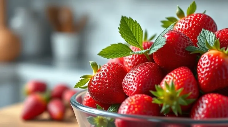 photorealistic, professional photography, 8K, cinematic lighting, sharp focus, depth of field, shot on a high-end DSLR, a vibrant bowl of fresh, ripe strawberries with a few green leaves, glistening with dew drops, against a soft, blurred background of a healthy kitchen counter, conveying freshness and natural goodness.
