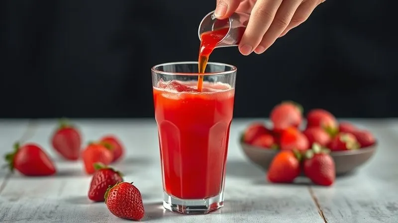 photorealistic, professional photography, 8K, cinematic lighting, sharp focus, depth of field, shot on a high-end DSLR, a hand pouring highly processed, sugary strawberry syrup into a glass instead of fresh juice, with a 'no' symbol overlaid, illustrating a common mistake in healthy eating.