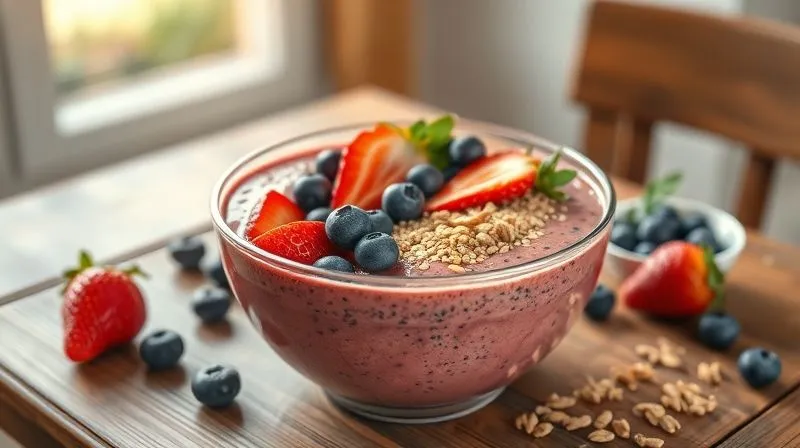 photorealistic, professional photography, 8K, cinematic lighting, sharp focus, depth of field, shot on a high-end DSLR, a vibrant, colorful smoothie bowl topped with fresh strawberries, blueberries, chia seeds, and granola, beautifully arranged, on a rustic wooden table in soft morning light, emphasizing healthy breakfast options.