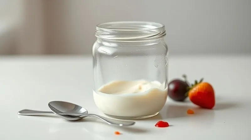 Photorealistic, professional photography of an empty, clear glass yogurt jar with a spoon lying next to it, on a clean white table. The jar looks recently finished, with a few fruit remnants. The background is slightly blurred, emphasizing the feeling of 'something missing' or 'not enough'. Cinematic lighting highlights the emptiness, evoking a sense of unsatisfied hunger. 8K hyper-detailed, shot on a high-end DSLR.