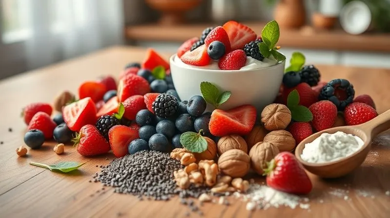 Photorealistic, professional photography of various healthy ingredients for a yogurt parfait spread out on a wooden table: a bowl of Greek yogurt, a pile of fresh mixed berries, a small dish of chia seeds, a handful of walnuts, and a scoop of vanilla protein powder. The composition is artfully arranged, showcasing the freshness and quality of each component. Soft, warm lighting, sharp focus on the ingredients, depth of field blurring a cozy kitchen background. 8K hyper-detailed, shot on a high-end DSLR, emphasizing abundance and nutritious choices.