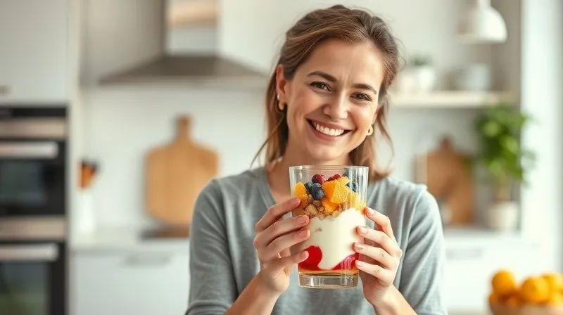 Photorealistic, professional photography of a woman (Magda from the case study, in her early 30s, looking happy and energetic) enjoying a healthy, colorful yogurt parfait in a modern, bright kitchen. She is smiling, holding the glass with both hands, and there's a sense of satisfaction and well-being. The background shows a clean, organized kitchen. Soft, natural light, sharp focus on her and the dessert, depth of field blurring the background. 8K hyper-detailed, cinematic lighting, shot on a high-end DSLR, conveying health and happiness.
