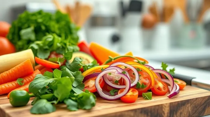 Photorealistic, professional photography, 8K, cinematic lighting, sharp focus on a vibrant array of fresh, colorful vegetables and lean protein, meticulously prepared for a fit tortilla filling, spread out on a wooden cutting board in a clean, modern kitchen. Depth of field with a blurred background of kitchen utensils.