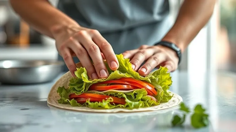 Photorealistic, professional photography, 8K, cinematic lighting, sharp focus on a person's hands meticulously rolling a fit tortilla with layers of crisp lettuce acting as a barrier for the filling, inside a clean kitchen. Depth of field with blurred background.