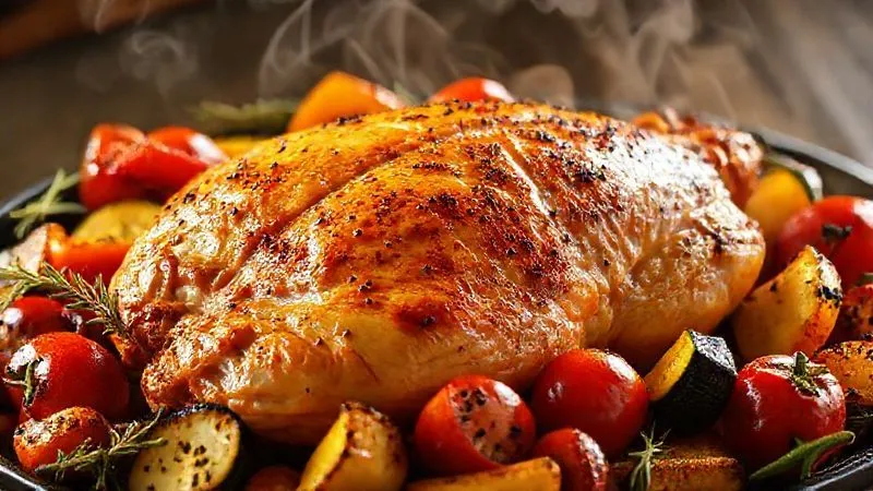 Photorealistic image of a perfectly roasted turkey fillet surrounded by colorful, roasted low-calorie vegetables (bell peppers, zucchini, cherry tomatoes), steam gently rising, professional food photography, 8K, cinematic lighting.