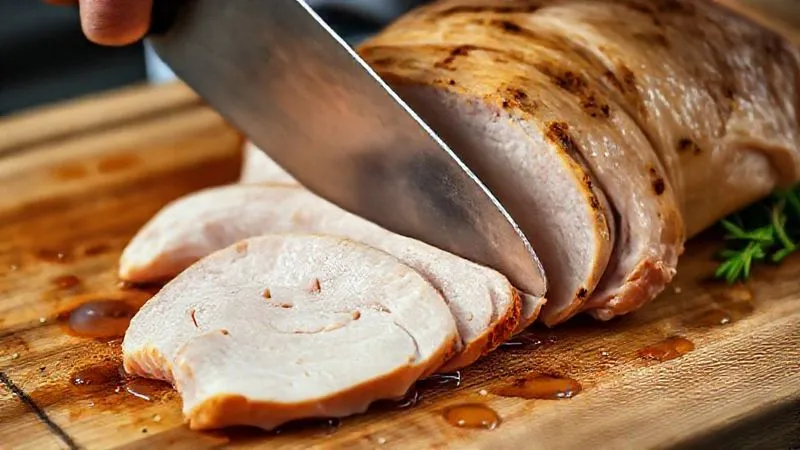 A photorealistic, professional close-up of a chef's knife expertly slicing a perfectly rested, juicy turkey fillet against the grain, with visible juices, on a wooden cutting board. Cinematic lighting, sharp focus, 8K, depth of field.