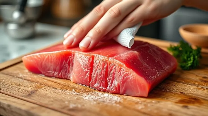 Photorealistic close-up of a fresh, vibrant red tuna fillet being gently patted dry with a white paper towel on a wooden cutting board, with subtle kitchen background blur. Sharp focus on the tuna, 8K, cinematic lighting.