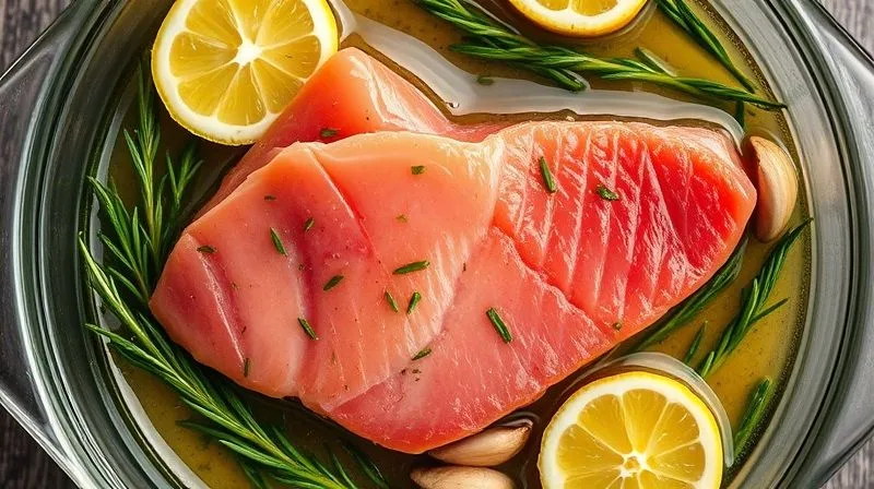 A close-up, top-down photorealistic shot of a vibrant tuna fillet marinating in a clear glass dish, surrounded by fresh lemon slices, green herbs, and garlic cloves. The marinade liquid is shimmering, with soft, natural lighting. 8K, professional food photography.
