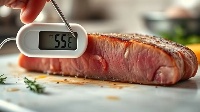 Close-up, photorealistic shot of a digital meat thermometer accurately inserted into a perfectly baked tuna steak, showing a reading of 55°C. The tuna is slightly pink in the center. Soft, diffused natural light, professional kitchen setting.