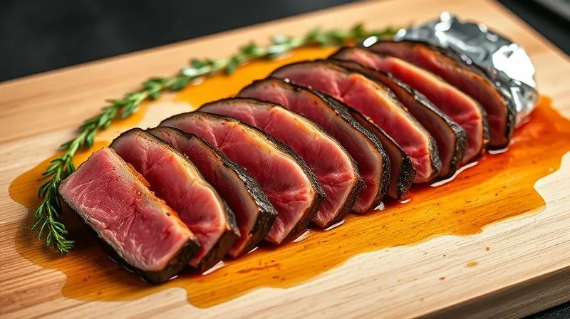 A beautifully plated, sliced tuna steak resting on a cutting board, with visible juices around it, subtly covered with aluminum foil, indicating the resting process. Professional food photography, 8K, cinematic lighting.