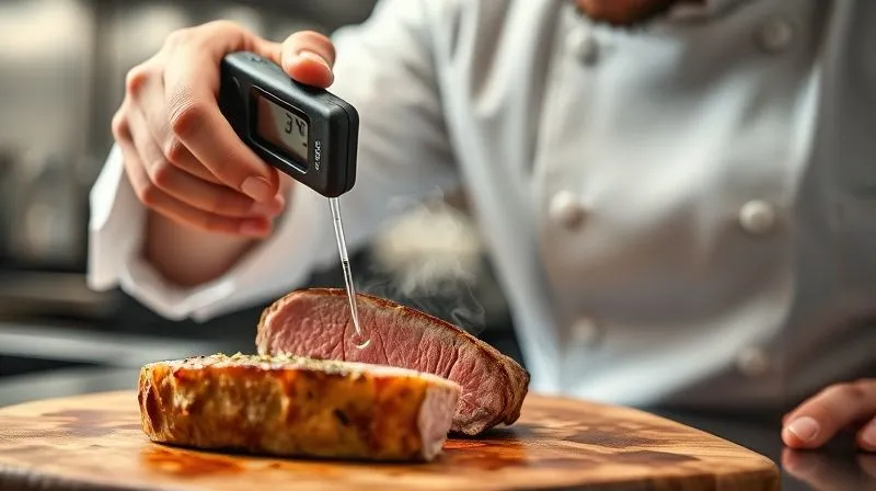 A close-up, photorealistic image of a professional chef using a digital thermometer to check the internal temperature of a perfectly baked tuna steak, steam gently rising, with a blurred background of a modern kitchen. professional photography, 8K, cinematic lighting, sharp focus, depth of field, shot on a high-end DSLR.