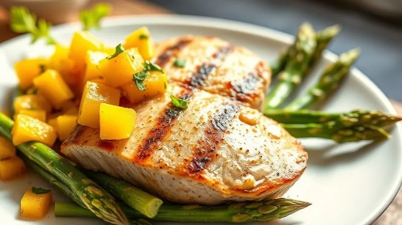 A vibrant, photorealistic image of a baked tuna steak served with a colorful mango salsa and steamed green asparagus, presented on a white plate. The lighting is bright and natural, highlighting the freshness and appeal of the healthy meal. professional photography, 8K, cinematic lighting, sharp focus, depth of field, shot on a high-end DSLR.