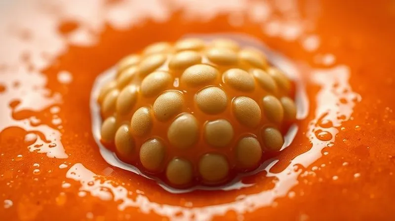 A close-up, photorealistic shot of chia seeds swelling in a vibrant fruit puree, showing the gel-like texture forming, cinematic lighting, sharp focus, depth of field, 8K, professional photography, shot on a high-end DSLR.