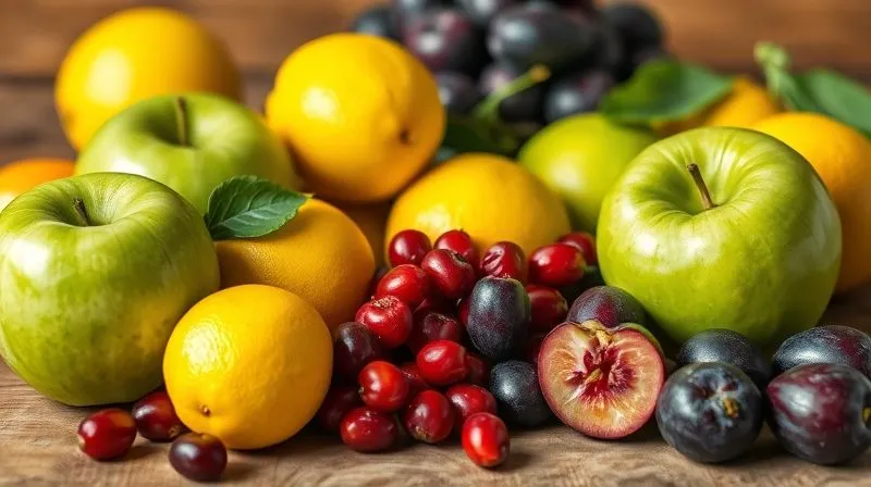 A vibrant, photorealistic still life of various fruits known for high pectin content (green apples, lemons, cranberries, plums) artfully arranged on a rustic wooden table, with natural light, sharp focus, depth of field, 8K, professional photography, shot on a high-end DSLR.