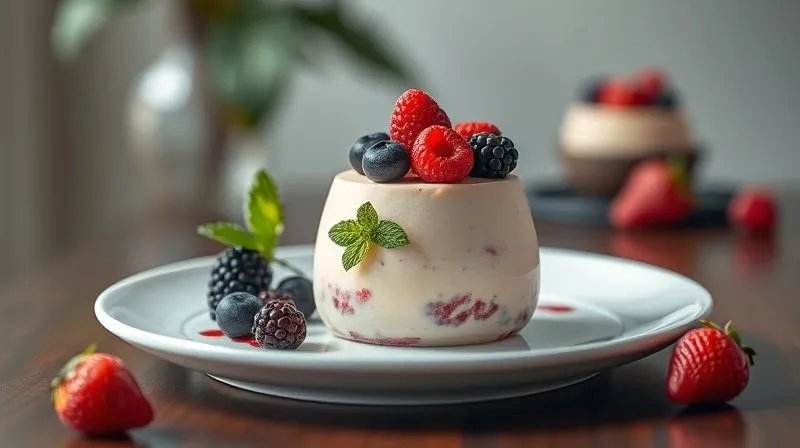 A beautifully plated, perfectly set fruit mousse dessert, garnished with fresh berries and mint, presented on a minimalist white plate, with soft, diffused natural light, sharp focus on the mousse, depth of field blurring the background, 8K, professional photography, shot on a high-end DSLR.