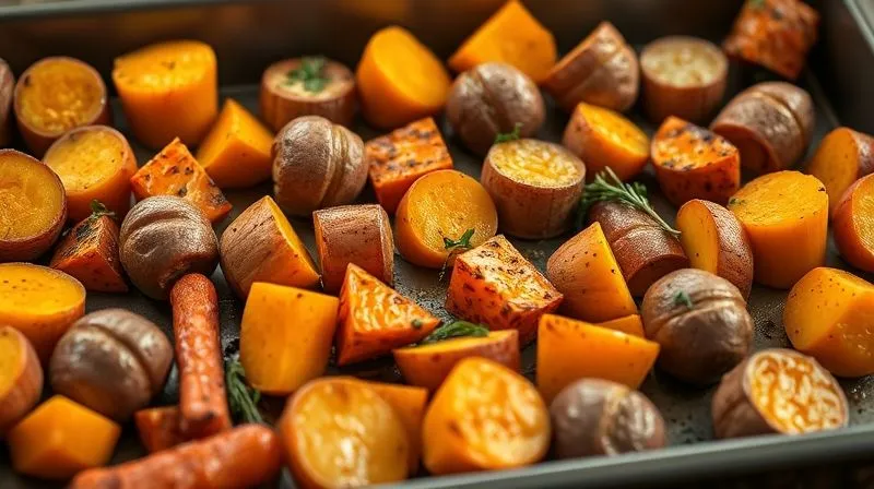 Photorealistic image of a baking tray filled with perfectly roasted butternut squash, carrots, and sweet potatoes, slightly caramelized edges, fresh herbs sprinkled on top, cinematic lighting, sharp focus, depth of field, 8K, professional photography, shot on a high-end DSLR.
