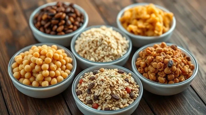 photorealistic, professional photography, 8K, cinematic lighting, sharp focus, depth of field shot of a variety of cooked and mashed legumes (chickpeas, red lentils, black beans) and starchy vegetables (mashed sweet potato, cooked quinoa, rolled oats) artfully arranged in separate small bowls on a rustic wooden table, illustrating binding ingredients for veggie patties. Natural light, high-end DSLR.