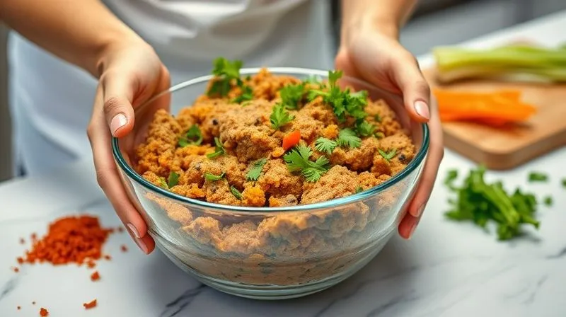 photorealistic, professional photography, 8K, cinematic lighting, sharp focus, depth of field shot of hands vigorously kneading a bowl of colorful vegetarian patty mixture on a clean kitchen counter, with some ingredients (chopped herbs, spices) visible nearby. The texture of the mixture should look cohesive and well-combined. Shot on a high-end DSLR, natural light.