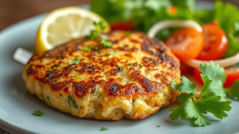 photorealistic, professional photography, 8K, cinematic lighting, sharp focus, depth of field shot of a beautifully plated, golden-brown vegetarian patty, garnished with fresh herbs and a lemon wedge, accompanied by a light, colorful salad. The focus is on the inviting texture and vibrant presentation, suggesting a healthy and delicious meal. Shot on a high-end DSLR, soft natural light.