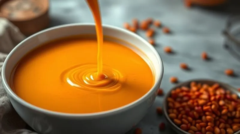 photorealistic, professional photography, 8K, cinematic lighting, sharp focus, depth of field, shot on a high-end DSLR image of a vibrant orange lentil cream soup being gently poured into a white bowl, showing its thick, smooth texture. A small pile of dried red lentils is visible in the background, out of focus. The scene evokes warmth and healthy eating.