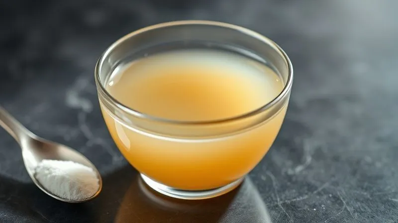 photorealistic, professional photography, 8K, cinematic lighting, sharp focus, depth of field, shot on a high-end DSLR image of a small, elegant glass bowl containing a clear, slightly thickened vegetable broth, next to a tiny spoon with white agar-agar powder. The focus is on the subtle gel-like texture of the broth, with soft, natural light, emphasizing precision and scientific cooking.