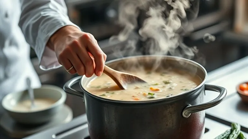 photorealistic, professional photography, 8K, cinematic lighting, sharp focus, depth of field, shot on a high-end DSLR image of a chef's hands gently stirring a thick, steaming vegetable cream soup in a large, rustic pot with a wooden spoon. The steam rises gracefully, indicating warmth and freshness. The kitchen environment is modern and clean, with soft, inviting light, conveying a sense of mastery and care.