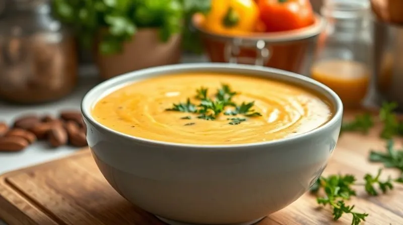 A vibrant, photorealistic close-up of a bowl of perfectly thickened bell pepper cream soup, garnished with fresh herbs, steam rising, in a bright, healthy kitchen setting. Shot on a high-end DSLR, 8K, cinematic lighting, sharp focus, depth of field.