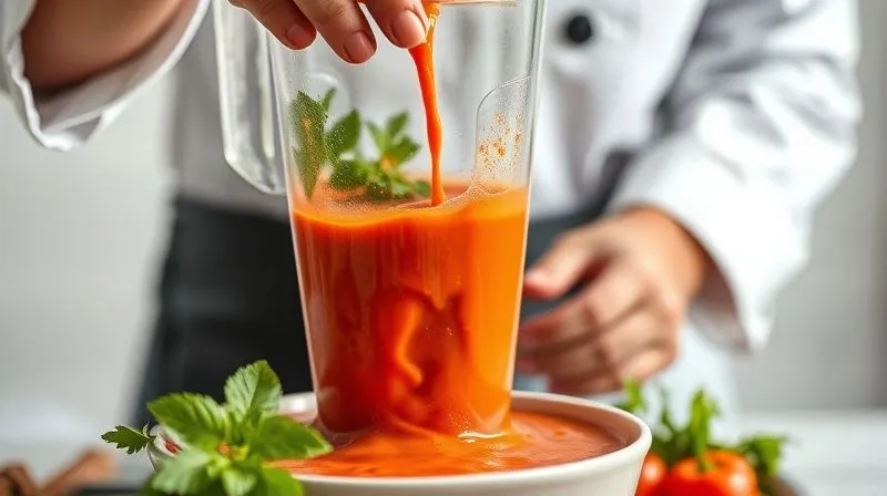 Photorealistic image of a powerful blender creating a smooth, creamy texture for a vibrant red bell pepper soup, with a chef's hands carefully pouring ingredients. Professional photography, 8K, cinematic lighting, sharp focus, depth of field.