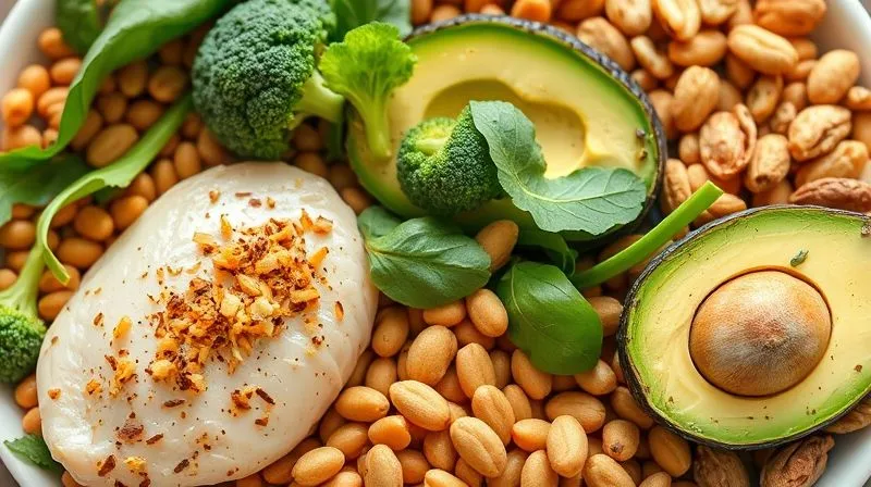 photorealistic, professional photography, 8K, cinematic lighting, sharp focus, depth of field, shot on a high-end DSLR, a vibrant, colorful cross-section of various healthy ingredients like lean protein (chicken breast, lentils), high-fiber vegetables (broccoli, spinach), and healthy fats (avocado, nuts), arranged to visually represent the concept of nutritional density and satiety. The composition should feel balanced and appealing.