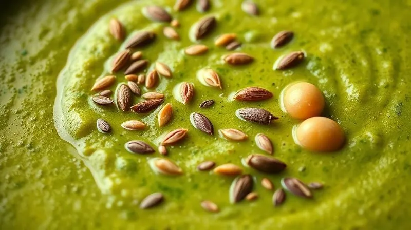 photorealistic, professional photography, 8K, cinematic lighting, sharp focus, depth of field, shot on a high-end DSLR, a close-up of a vibrant, creamy green soup (e.g., broccoli or spinach) with visible textures of blended vegetables, garnished generously with various seeds (pumpkin, sunflower, chia) and a few whole chickpeas, emphasizing the rich fiber content. The lighting is warm and inviting.