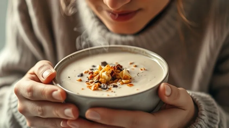 photorealistic, professional photography, 8K, cinematic lighting, sharp focus, depth of field, shot on a high-end DSLR, a person slowly and mindfully enjoying a bowl of beautifully garnished creamy soup, with steam gently rising. The focus is on the act of savoring the meal, with various crunchy toppings visible in the bowl and on a small side plate, emphasizing mindful eating and sensory satisfaction. The background is soft and calming.