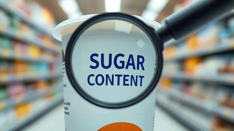A close-up, photorealistic image of a yogurt container label with a magnifying glass hovering over the 'sugar content' section, highlighting high sugar levels. The background is a blurred supermarket aisle. Professional photography, 8K, cinematic lighting, sharp focus, depth of field, shot on a high-end DSLR, conveying a sense of awareness and caution.