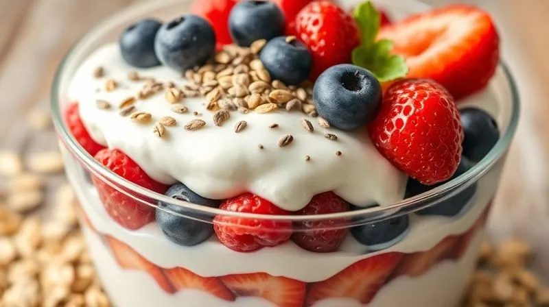 A vibrant, photorealistic image of a glass bowl filled with creamy yogurt, topped with a colorful array of fresh berries, a generous sprinkle of chia seeds, and a handful of rolled oats. The ingredients are layered to showcase their texture and freshness. Professional photography, 8K, cinematic lighting, sharp focus on the layers, depth of field, shot on a high-end DSLR, conveying a sense of healthy abundance and nutritional value.