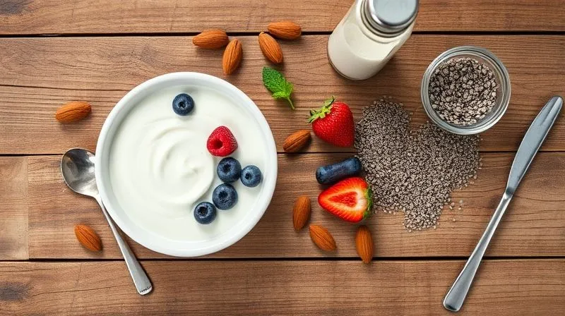 A beautifully styled flat lay of ingredients for a healthy yogurt dessert: a bowl of Greek yogurt, a small pile of fresh berries, a scoop of chia seeds, a few almonds, a bottle of natural sweetener, and a spoon. All arranged on a rustic wooden table with soft, natural light. Professional photography, 8K, cinematic lighting, sharp focus, depth of field, shot on a high-end DSLR, conveying inspiration and ease of preparation.