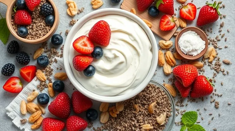 Photorealistic, professional photography, 8K, cinematic lighting, sharp focus, depth of field, shot on a high-end DSLR, a vibrant flat lay of various healthy dessert ingredients: a bowl of Greek yogurt, a handful of fresh berries, chopped nuts, chia seeds, and a scoop of protein powder, arranged aesthetically to emphasize balance and nutrition. No text or logos.