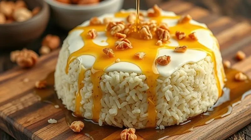 Photorealistic, professional photography, 8K, cinematic lighting, sharp focus, depth of field, shot on a high-end DSLR, a close-up of a rice cake topped with creamy white cottage cheese, drizzled with golden honey, and sprinkled with crushed walnuts. The dessert is presented on a rustic wooden board, with soft, warm lighting. No text or logos.
